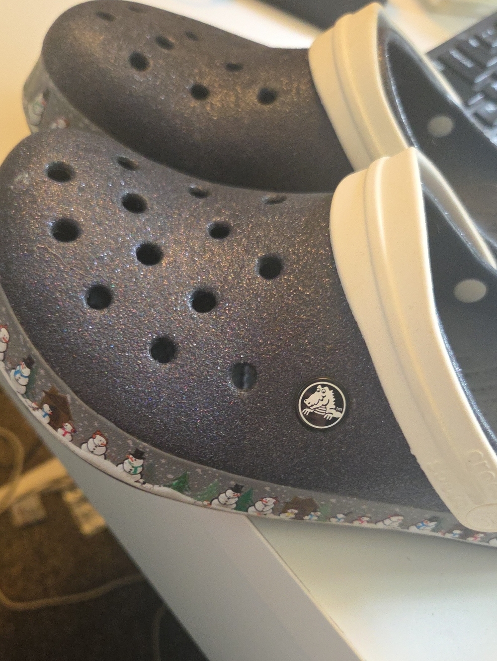 CROCS Women's Sparkle Charcoal Clogs with Cream Strap and Snowman Trim